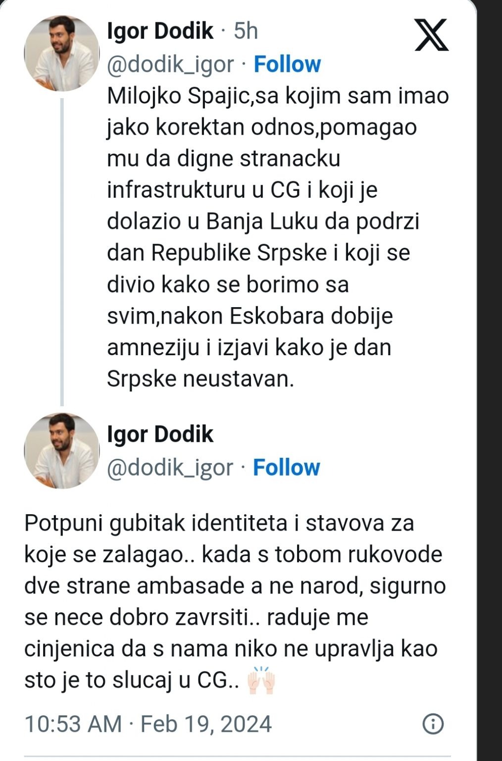 Igor Dodik Twitt finansiranju izbora u Crnoj Gori o Milojku Spajiću